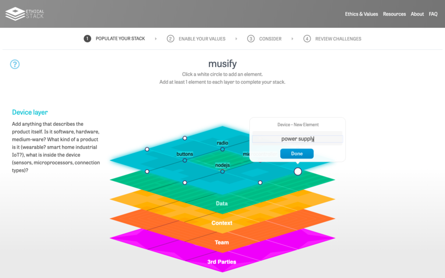 āPopulate Your Stackā screen showing the multi-layered stack (Device, Data, Context, Team, 3rd Parties) with new device element entry (āpower supplyā) overlaid.