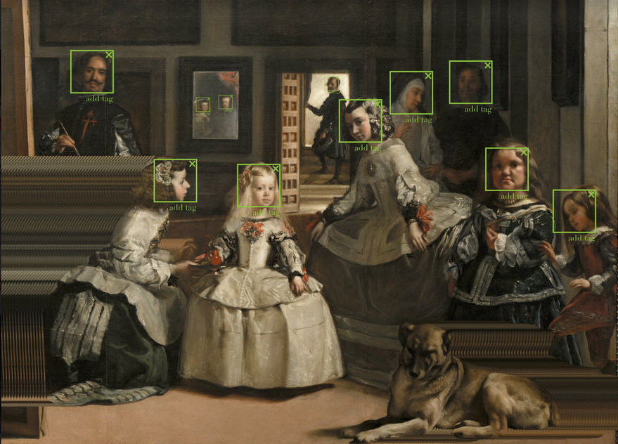 Detail of Diego VelĆ”zquezās āLas Meninasā overlaid with green face-tag bounding boxes and āadd tagā prompts, representing the deletion algorithm simulation where subjects are selectively marked for erasure.