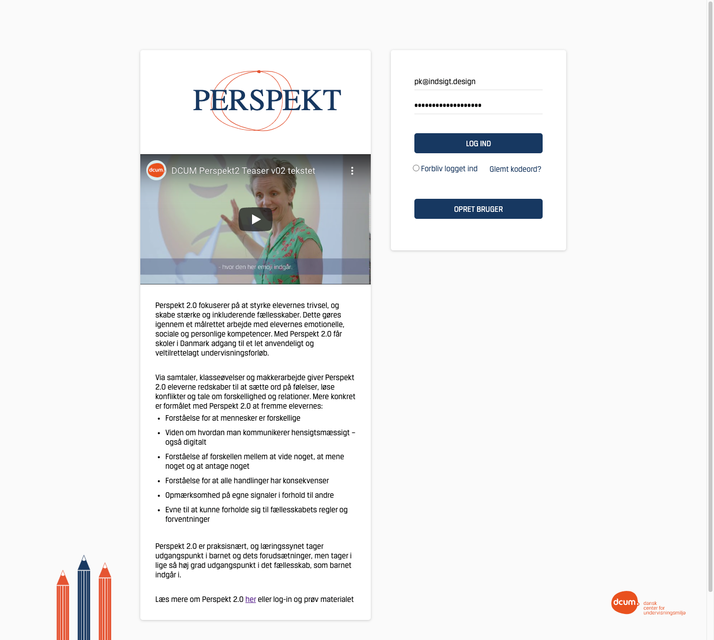 Landing āLog indā page for Perspekt 2.0 showing the Perspect logo, teaser video embed, long-form description of the programās goals and competencies, and a login/register form at right.